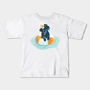 Summer pool pawty // aqua background Labrador Retriever dog breed in vacation playing on swimming pool Kids T-Shirt